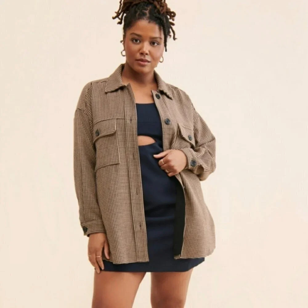 Current Air Anthropologie Houndstooth Shirt Jacket Shacket Women XL Brown Black